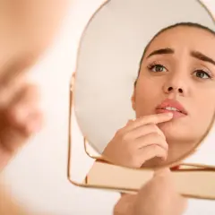 Ragazza preoccupata si guarda allo specchio, toccandosi le labbra screpolate, segno di afte da stress.