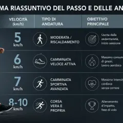 Schema su come si cammina a diverse velocità: da riscaldamento a corsa, con impatto articolare variabile.