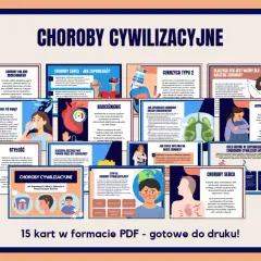 Plakat informuje o chorobach cywilizacyjnych, ich przyczynach i zapobieganiu. Ilustracje przedstawiają m.in. serce, płuca, osobę z nadwagą i zestresowaną.