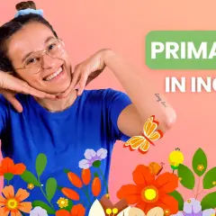 Ragazza sorridente con fiori e farfalle, un invito a scoprire la "primavera in inglese".