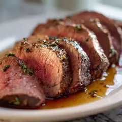 Skivor av saftig, grillad rostbiff med örter, serverad i en smakrik sky på en vit tallrik. Perfekt för en somrig grillkväll.