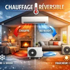 Une maison divisée : d'un côté, le chauffage réversible réchauffe un salon cosy en hiver. De l'autre, il rafraîchit en été.
