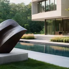 Abstrakte dunkle Skulptur auf Betonpodest neben Pool und modernem Haus.