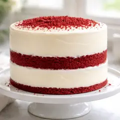 Pastel red velvet de dos capas, cubierto con glaseado cremoso y decorado con migas rojas.