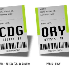 Deux étiquettes de bagage : une pour CDG (Paris-Roissy) et une pour ORY (Paris-Orly). Idéal pour la navette gratuite Montparnasse Orly.