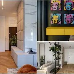 Przedpokój loft inspiracje: nowoczesne wnętrza z drewnianą podłogą, sztukaterią i designerskimi dodatkami.