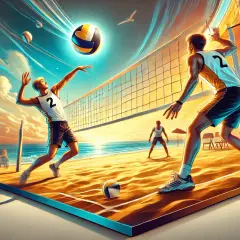 Dynamiczne odbicie piłki od ziemi na plaży podczas meczu siatkówki. Słońce zachodzi, tworząc złote refleksy na piasku i wodzie.