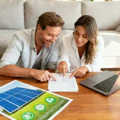 Para analizują rachunki i panele słoneczne, zastanawiając się, ile kosztuje 1 kWh energii.