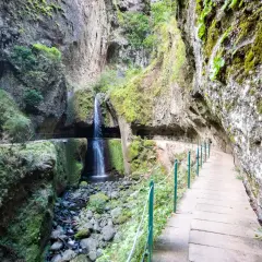 A scenic path along the Levada do Moinho leads to a cascading waterfall nestled within a moss-covered canyon.