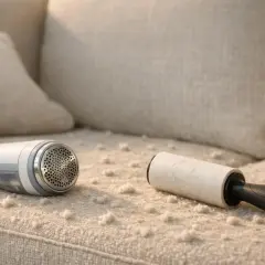 Fusselrasierer und Fusselrolle liegen auf einem hellen Sofa mit Pilling.