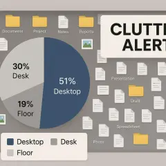 A pie chart shows 51% Desktop, 30% Desk, and 19% Floor, illustrating poor digital file management.