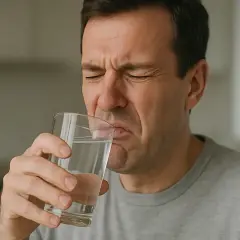 Un homme grimace en buvant un verre d'eau, visiblement déçu par le goût de l'eau chlorée.