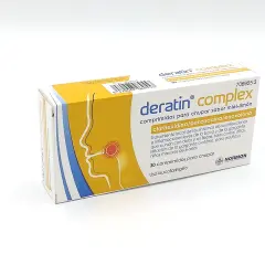 Caja de Deratin Complex, comprimidos para chupar sabor miel-limón. Sirve para el tratamiento local de infecciones y inflamaciones leves de boca y garganta.