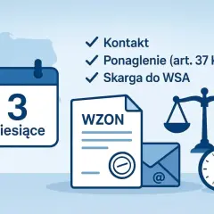 Wsparcie dla niepełnosprawnych: kalendarz 3 miesięcy, dokument WZON, kontakt, ponaglenie, skarga do WSA, waga sprawiedliwości i stoper.