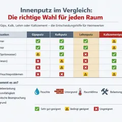 Vergleichstabelle für Innenputz: Gips, Kalk, Lehm und Kalkzement. Zeigt Eignung für Wohn-, Schlafzimmer, Bäder, Keller und Altbau. Kalkzementputz ist vielseitig.