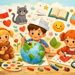Dzieci malują świat i serca, tworząc radosną atmosferę. Może to być ilustracja na co jest 3 grudnia.