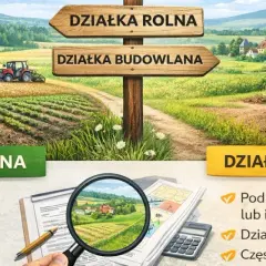 Rozróżnienie: czy działka rolna z warunkami zabudowy jest działka budowlana? Ilustracja pokazuje krajobraz z podziałem na działkę rolną (uprawy, traktor) i budowlaną (dom w budowie, koparka).