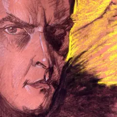 Portret mężczyzny w intensywnych barwach, przypominający styl Witkacego. Jego spojrzenie jest przenikliwe, a tło dynamiczne.