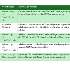 Tabelle zeigt Leberwerte (GGT, GPT, EtG) und deren Zusammenhang mit Alkohol. Erhöhte Werte können auf Alkoholkonsum hinweisen.