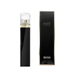Elegancka, czarna perfumetka Hugo Boss Nuit Pour Femme z złotymi detalami i przezroczystą nakrętką. Obok stoi jej opakowanie.