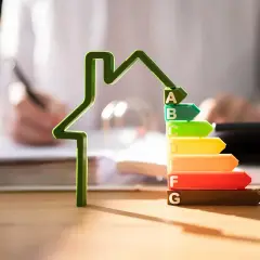 Zielony dom z etykietą energetyczną, gdzie litera C jest na żółtym tle. W tle osoba pisze.