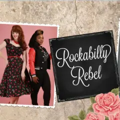 Tre kvinnor i rockabillystil. En bär en randig tröja och jeans, en annan en klänning med körsbärsmönster, och den tredje en rockabilly jacka med röda ärmar.