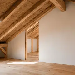 Interno di un sottotetto con travi in legno a vista e lucernario. Il pavimento è in parquet chiaro. L'isolamento sottotetto è visibile tra le travi.