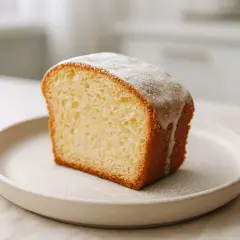 Puszysta babka z majonezem, polana lukrem, na talerzyku. Sprawdzony przepis na pyszne ciasto.