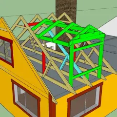 3D-modell visar stommen för att bygga takkupa. Träbjälkar och färgade stöd skapar den nya strukturen ovanpå husets tak.