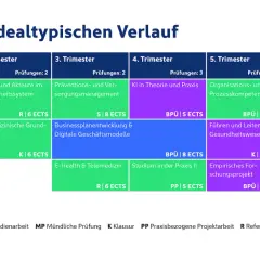 Übersicht über Module im berufsbegleitenden Gesundheitsmanagement: Von wissenschaftlichem Arbeiten bis zur Bachelorphase, über KI und Prozesskompetenz.