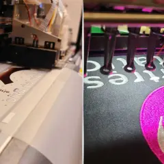 Impression textile : une machine imprime un motif sur un tissu, tandis qu'une autre brode des lettres et un logo sur un vêtement.