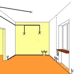 Schemat instalacji elektrycznej bezpuszkowej w pokoju z oknem i drzwiami. Linie symbolizują przewody, a krzyżyki punkty świetlne.