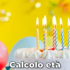Torta di compleanno con candeline accese e palloncini colorati. Testo "Calcolo età" suggerisce un modo per festeggiare e scoprire quanti anni compi.