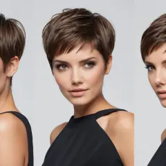 Drei Ansichten einer Frau mit einer modernen Pixie-Frisur und einem schwarzen Kleid.