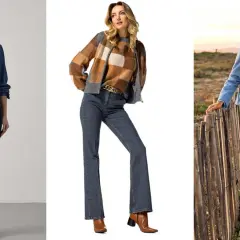 Trois femmes portent des jeans. L'une a un jean droit retroussé, l'autre un jean évasé, et la troisième un jean décontracté.