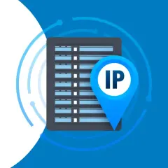 Ikona lokalizacji z literami "IP" na tle serwerów. Dowiedz się, jak sprawdzić IP komputera.