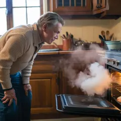 Hombre preocupado mira humo denso salir del horno abierto. El humo del horno es tóxico, ¡cuidado!