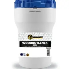 Biały pojemnik z niebieską zakrętką zawiera 150 kg wodorotlenku sodu (sodium hydroxide).