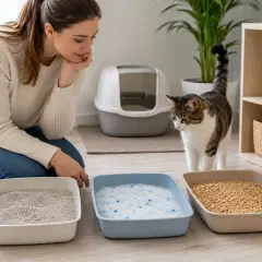 Mujer compara diferentes tipos de arena para gatos: aglomerante, sílice y pellets. Su gato observa.