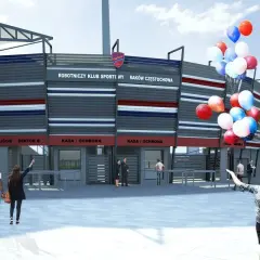 Nowy stadion Rakowa Częstochowa, z imponującą pojemnością, wita kibiców. W tle widać wejścia i kasy.