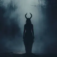 Silhouette einer Frau mit Hörnern im Nebel, bereit für das Halloween Fest des Teufels.