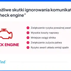 Ikona "check engine" i lista możliwych skutków: poważna awaria silnika, wysokie koszty naprawy, spadek mocy, zwiększone zużycie paliwa.