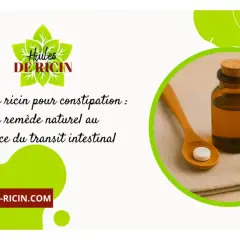 Flacone di olio di ricino, pillola e capsula su un cucchiaio. Rimedio naturale per la stitichezza, impacchi con olio di ricino.