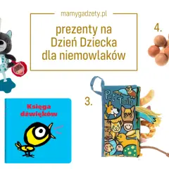 Fajne prezenty na Dzień Dziecka dla niemowlaka: pluszak, książeczka dźwiękowa, miękka książeczka z ogonkami zwierząt i drewniane koraliki.