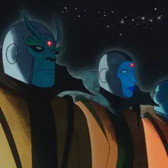 Trois figures bleues, ressemblant aux gardiens du temps Marvel, portent des robes colorées sous un ciel étoilé.