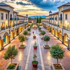 Allée d'un **outlet en Italie** bordée de boutiques élégantes, d'arbres en pots et éclairée par des lumières chaudes au crépuscule.