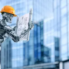 Robot w kasku analizuje plany budowlane. To przyszłość, gdzie nowe technologie w budownictwie rewolucjonizują branżę.