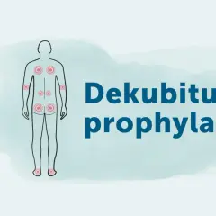 Menschliche Silhouetten mit roten Kreisen an Druckstellen. Text: Dekubitus-Prophylaxe.