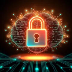Ein leuchtendes Vorhängeschloss, umgeben von Datenwolken, symbolisiert die Sicherheit von Windows.