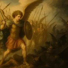 Archanioł Michał w zbroi, z mieczem i tarczą, prowadzi anielskie zastępy do walki z demonami.